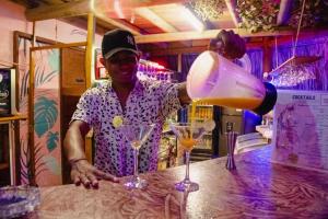 帕洛米诺El Zoo Hostel, Bar & Pool的站在酒吧倒酒的人