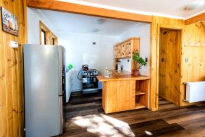 奇廉TERMAS DE CHILLAN Las Trancas的厨房配有不锈钢冰箱和木制橱柜