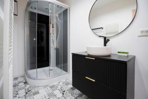 布拉索夫Casa Paul的浴室设有黑色梳妆台和镜子