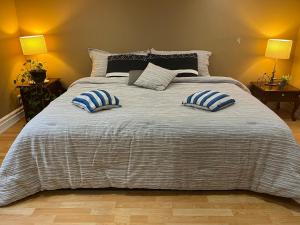 布兰普顿Rustic Barn Style Romantic Getaway的一张大床,上面有两个蓝色和白色的枕头