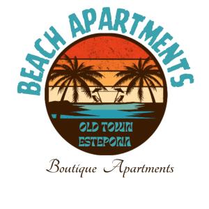 EsteponaBeach Apartments Old Town的棕榈树和日落的夏威夷度假胜地的标签
