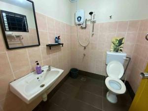 万挠Tanjung Hijau Homestay, Bukit Beruntung的一间带水槽、卫生间和镜子的浴室