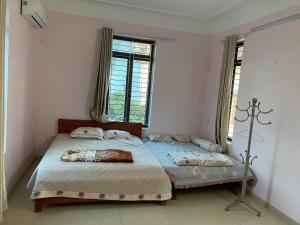 北宁Quanho Villa的一间卧室设有两张床和两个窗户。