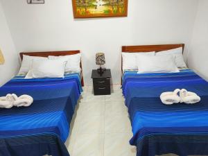 爱妮岛Hadefe Resort的一间设有两张床铺和毛巾的房间