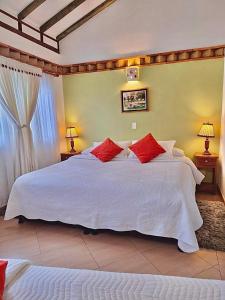 莱瓦镇天使别墅酒店的卧室配有带红色枕头的大型白色床