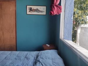 蒙得维的亚Patio Urbano Suites & beds的蓝色的卧室设有床和窗户