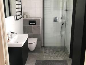LimaHoliday home LIMA II的带淋浴、卫生间和盥洗盆的浴室