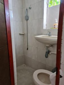 卡塔赫纳EDIFICIO MENDEZ的带淋浴、卫生间和盥洗盆的浴室