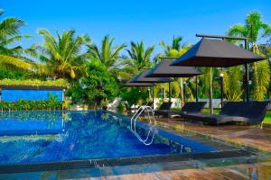 亭可马里绿色花园酒店的一个带遮阳伞和椅子的游泳池以及树木