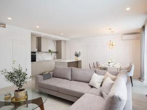 罗波里卡Villa Artis by IstriaLux的一间带灰色沙发的客厅和一间厨房