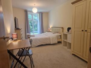 达灵顿West Beck House的一间卧室配有一张床、一张书桌和一个窗户。