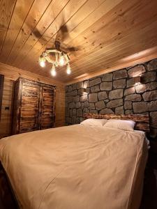 特拉布宗VİRA TAŞ KONAK的一间卧室设有一张带石墙的大床