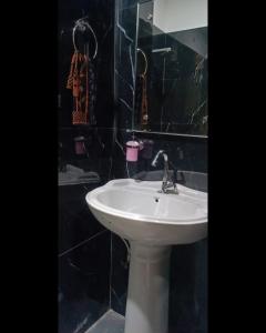 本迪The hotel bundi safari的浴室设有黑色瓷砖,配有白色水槽。