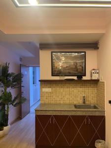 勒克瑙The Nest Lucknow的一个带水槽的厨房和墙上的电视