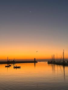 巴里Porto Antico的船在水体上的日落