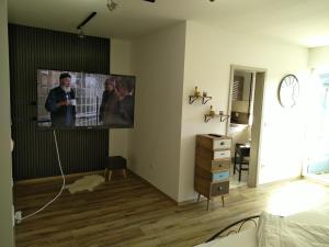 魏登Ferienwohnung im Herzen von Weiden的客厅设有壁挂式平面电视。