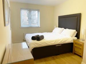 法恩伯勒Travaal.©om - 2 Bed Serviced Apartment Farnborough的一间卧室,配有一张带两个袋子的床