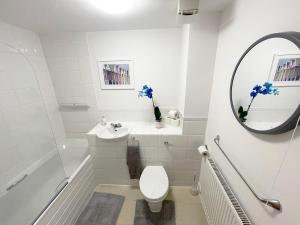 法恩伯勒Travaal.©om - 2 Bed Serviced Apartment Farnborough的一间带卫生间、水槽和镜子的浴室
