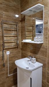波尔塔瓦Гостьовий Будинок Апартаменти в тихому центральному районі Полтави Смарт-квартири的浴室设有白色水槽和镜子