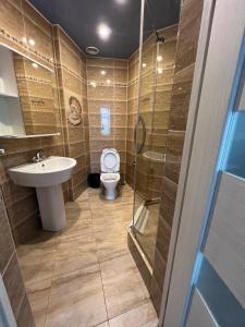 阿克套Three Dolphins Hotel的浴室配有卫生间、盥洗盆和淋浴。