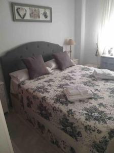 奇克拉纳－德拉弗龙特拉Appart T3 à louer en Andalousie的一间卧室配有一张大床和鲜花毯子