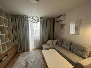布拉迪斯拉发luxury apartment的客厅配有沙发和桌子