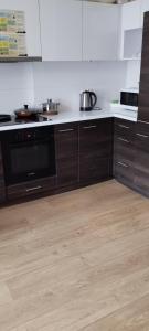 克拉科夫Hostel ALEX&TSA的厨房配有木制橱柜和黑色洗碗机。