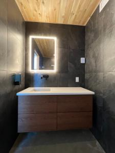 萨格奈Magical Loft : Breathtaking View & Cozy Fireplace的一间带水槽和镜子的浴室