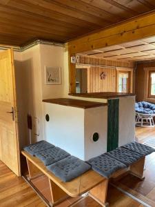 Sankt Marein bei KnittelfeldHaus Katrin的小屋内的客厅配有长凳