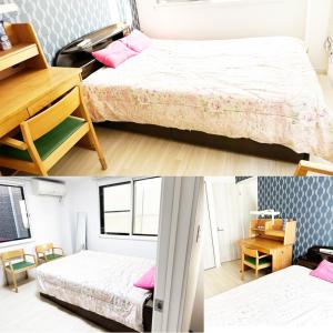 东京花乃郷 本郷的卧室两张照片,配有两张床和一张书桌
