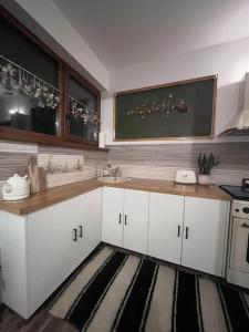 TÄƒuÅ£ii MÄƒgheruÅŸRustic house的厨房配有白色橱柜和黑白地毯。