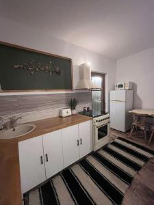 TÄƒuÅ£ii MÄƒgheruÅŸRustic house的厨房配有白色橱柜、水槽和炉灶。