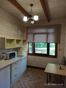 StarychiЯвір Резорт的一间厨房,配有白色的橱柜和大窗户