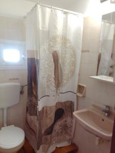毕达哥利翁Samos Rooms的浴室设有淋浴帘、卫生间和水槽