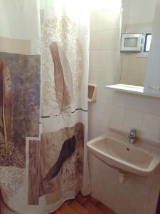 毕达哥利翁Samos Rooms的浴室配有淋浴帘和盥洗盆。