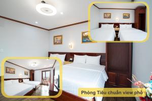 洞海Minh Quang Hotel的两张带两张床的酒店客房的照片