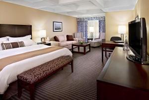埃德蒙顿Wyndham Edmonton Hotel and Conference Centre的酒店客房设有一张大床和一间客厅。