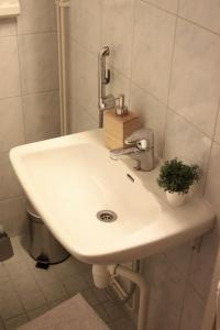 图尔库Norden Homes City Centre 2-Bedroom Apartment + Free Parking的浴室里的一个白色水槽,上面有植物