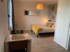 阿维尼翁Appart'Hotel - Gare TGV - Courtine - Confluence - 202的一间卧室配有一张黄色毯子床