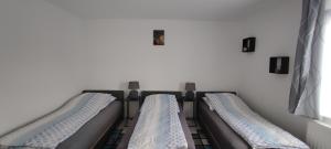 奥斯特拉赫Blu Home/Ferienwohnung的客房内的两张床拼在一起。