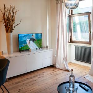 朗道因德普法尔茨M Apartment Charme - gemütlich geräumig heimisch的一间客厅,在白色的橱柜上配有电视