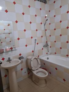 Quang TriKHÁCH SẠN PHỤNG HOÀNG的浴室配有卫生间、盥洗盆和浴缸。