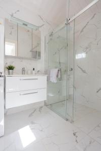 日内瓦Residence Mont-Blanc Poolhouse的一间带玻璃淋浴和水槽的浴室