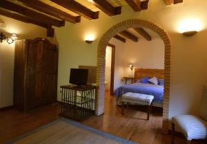 布里纳斯Casa Rural de Legarda的一间卧室设有拱门、一张床和电视。