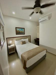 卡塔赫纳马格达莱纳酒店的一间卧室配有一张床和吊扇