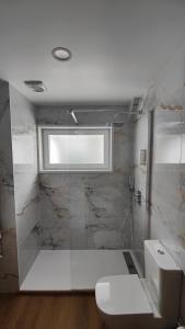 曼泰加什伯尔尼酒店的带淋浴和卫生间的浴室以及窗户。