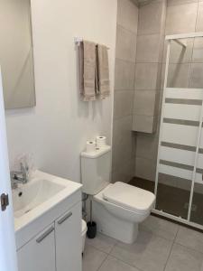 桑亨霍Alojamientos Plaza Portugal的白色的浴室设有卫生间和水槽。