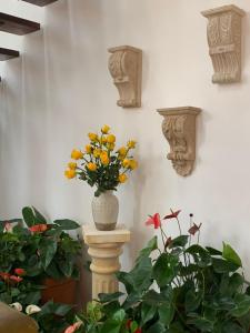 莱瓦镇Santa Lucía Casa Hotel的花瓶在有植物的房间的柱子上