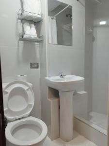 马丘比丘Amakonkay Machupicchu的白色的浴室设有卫生间和水槽。