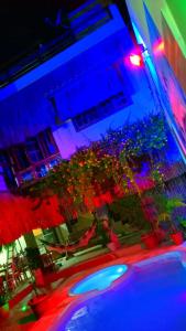 圣米格尔-杜斯米拉格里斯Casa em Milagres的享有带灯和植物的建筑的夜景